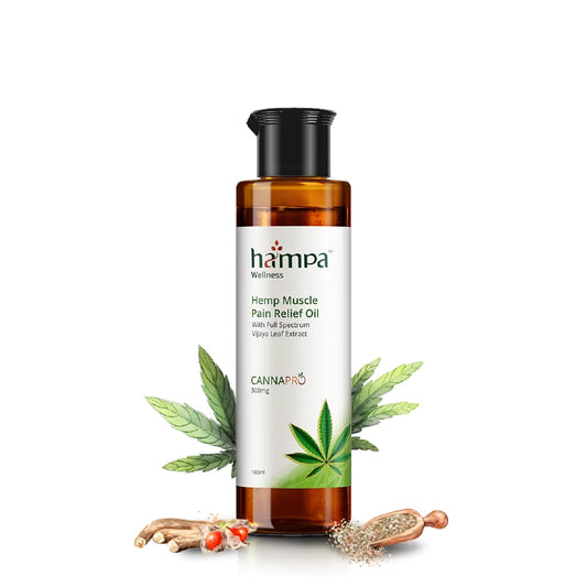 Hampa Hemp Muscle Pain Relief Oil bottle with cannabis leaves on a white background
