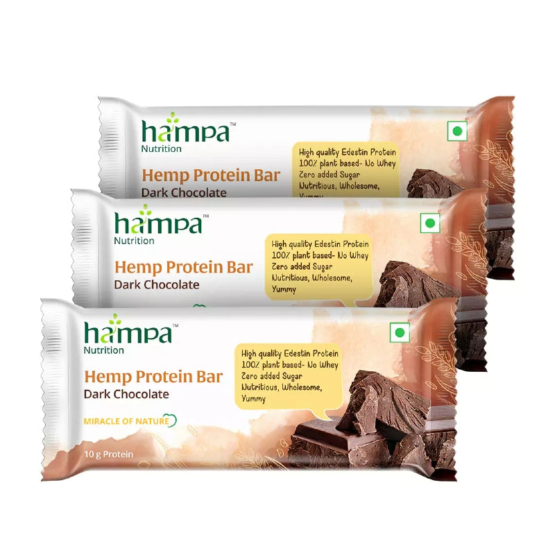 Three packages of Hampa Hemp Protein Bars in dark chocolate flavor on a white background