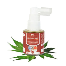 Load image into Gallery viewer, Bottle of &quot;Cannazo Muscle Aid&quot; spray on white background with cannabis leaves.
