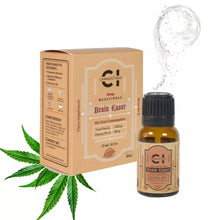 Load image into Gallery viewer, A bottle labeled &quot;Brain Easer&quot; next to its box with cannabis leaves, suggesting a CBD product.
