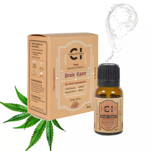 A bottle labeled "Brain Easer" next to its box with cannabis leaves, suggesting a CBD product.