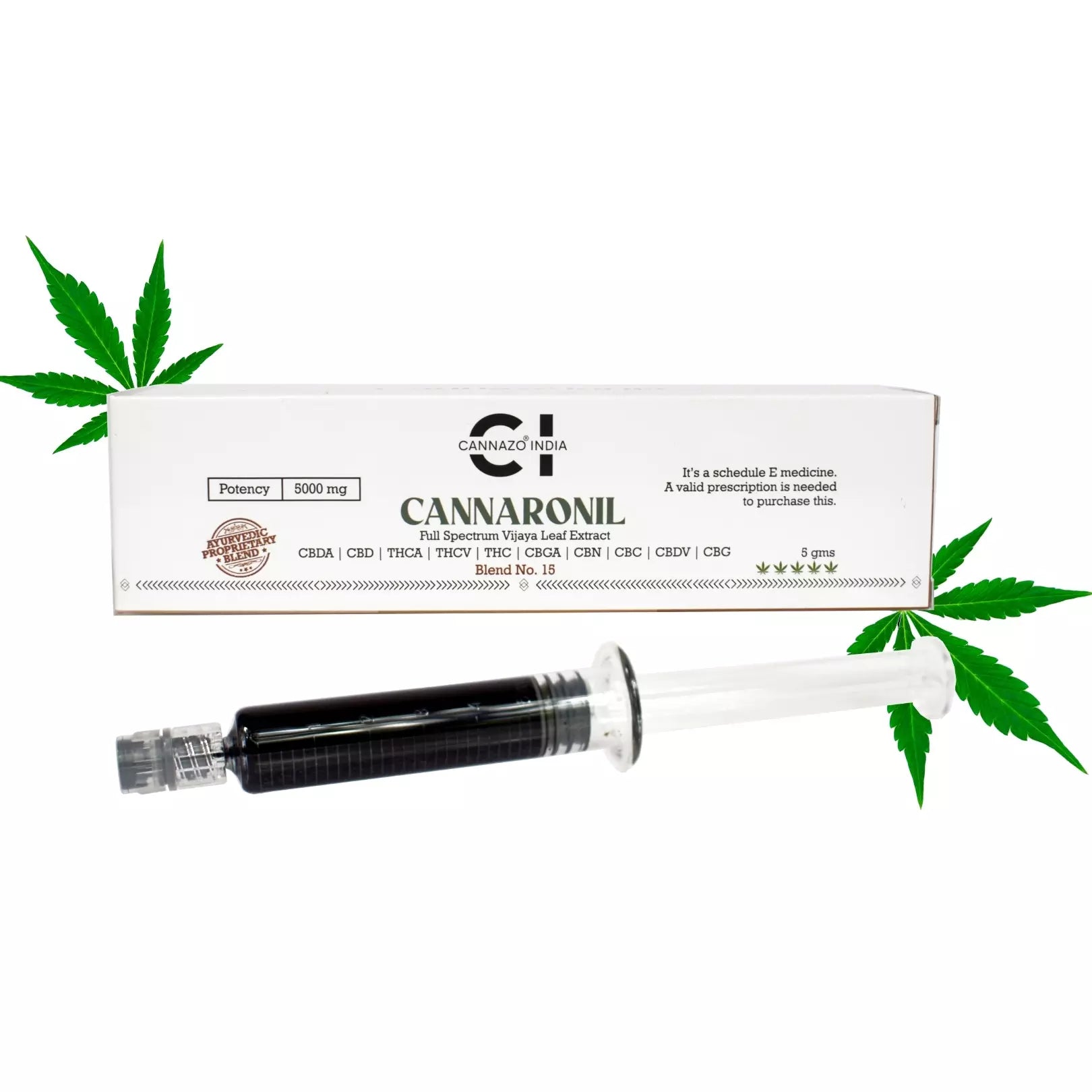 Syringe with dark extract and a cannabis leaf, beside a box labeled "CANNARONIL" indicating medical cannabis.