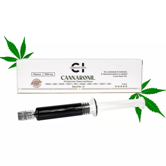 Syringe with dark extract and a cannabis leaf, beside a box labeled "CANNARONIL" indicating medical cannabis.