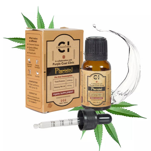 Cannazo CBD oil bottle with dropper, syringe, packaging, and cannabis leaves on a white background.