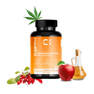 A bottle labeled "SLIMFIT++ Metabolism Booster" surrounded by red berries, a red apple, vinegar, and a green leaf.