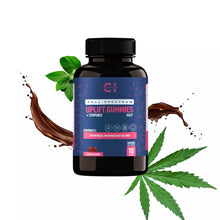 Load image into Gallery viewer, A bottle of Uplift Gummies with decorative elements of green leaves and brown liquid splashes.

