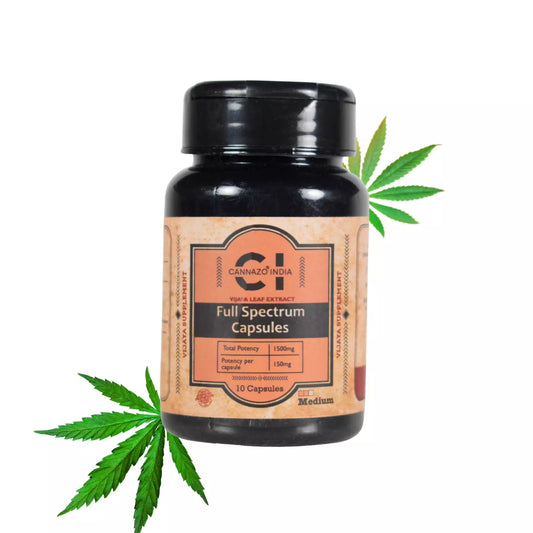 A bottle of Cannazo India Full Spectrum Capsules with a cannabis leaf graphic to the side.