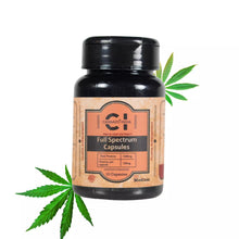 Load image into Gallery viewer, A bottle of Cannazo India Full Spectrum Capsules with a cannabis leaf graphic to the side.
