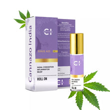 Load image into Gallery viewer, Purple and gold &quot;Cannazo India Sinus Aid&quot; product packaging and roll-on bottle with cannabis leaves.
