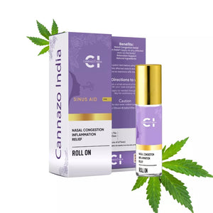 Purple and gold "Cannazo India Sinus Aid" product packaging and roll-on bottle with cannabis leaves.