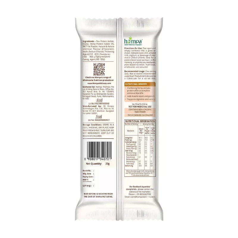 Hampa protein bar packaging with nutritional information on a white background