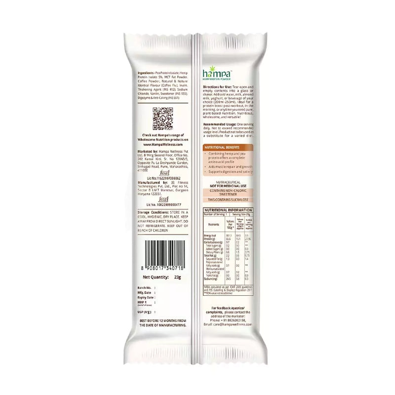 HAMPA Hemp protein powder package with nutritional information on a white background