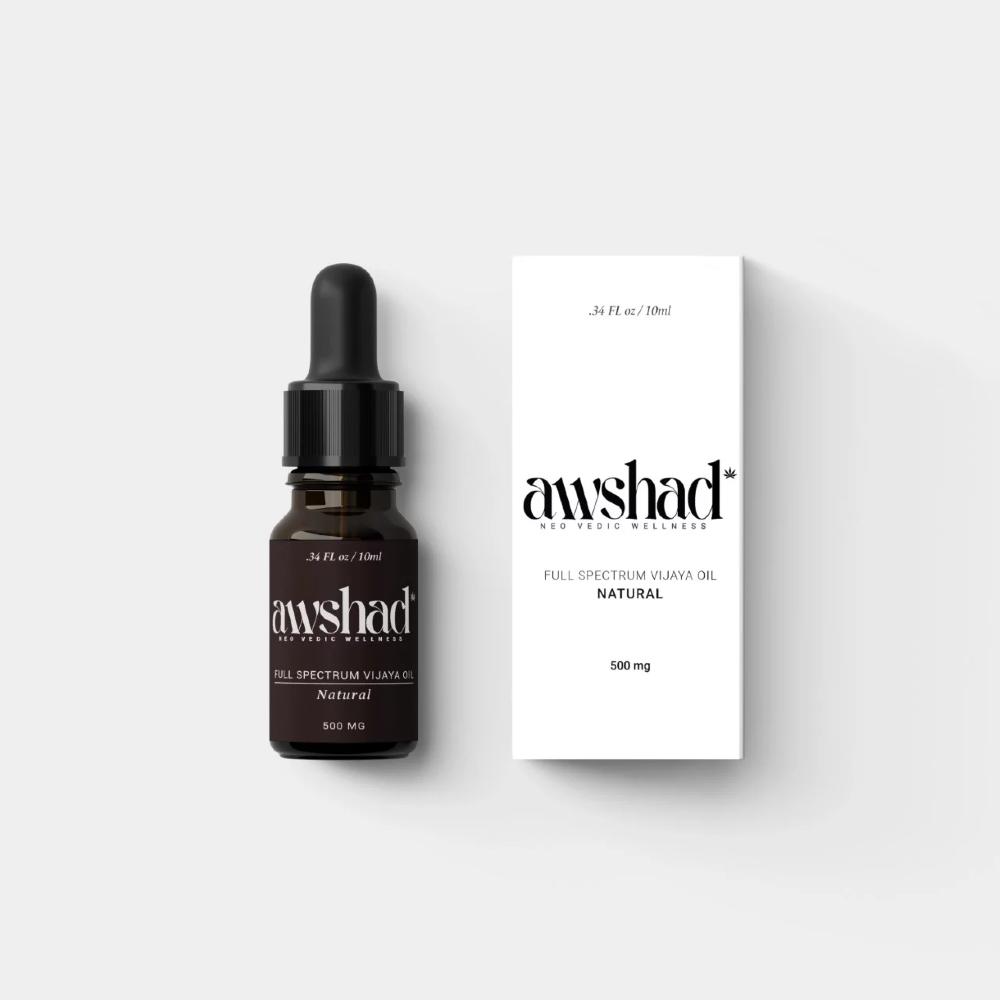 A dropper bottle and box of 'awshad' full-spectrum CBD oil on a white background.