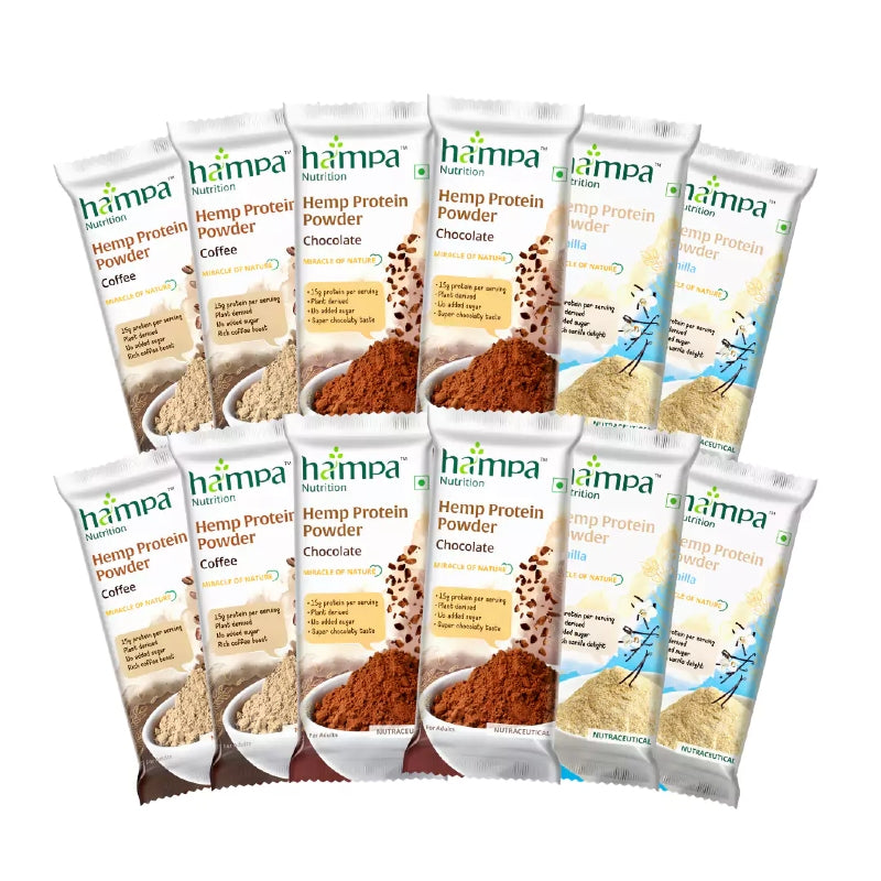 Multiple packages of hampa Hemp Protein Powder on a white background
