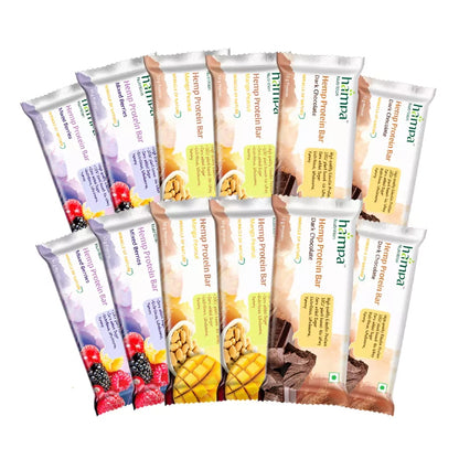 Multiple packages of Hemp protein bars on a white background