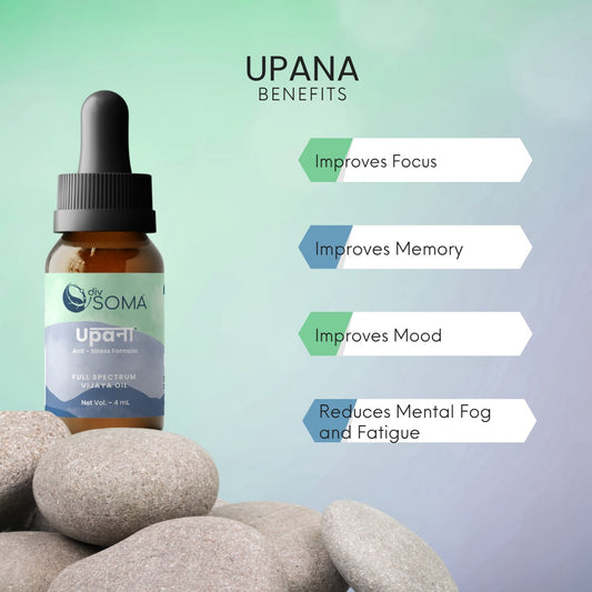 DivSoma UPANA CBD Oil bottle with benefits listed on a gradient background