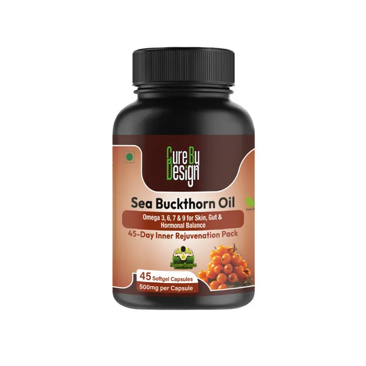 Sea Buckthorn Oil supplement bottle with label on a white background