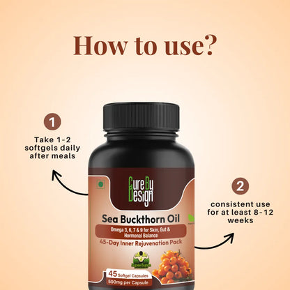 Sea Buckthorn Oil supplement bottle with usage instructions on a beige background