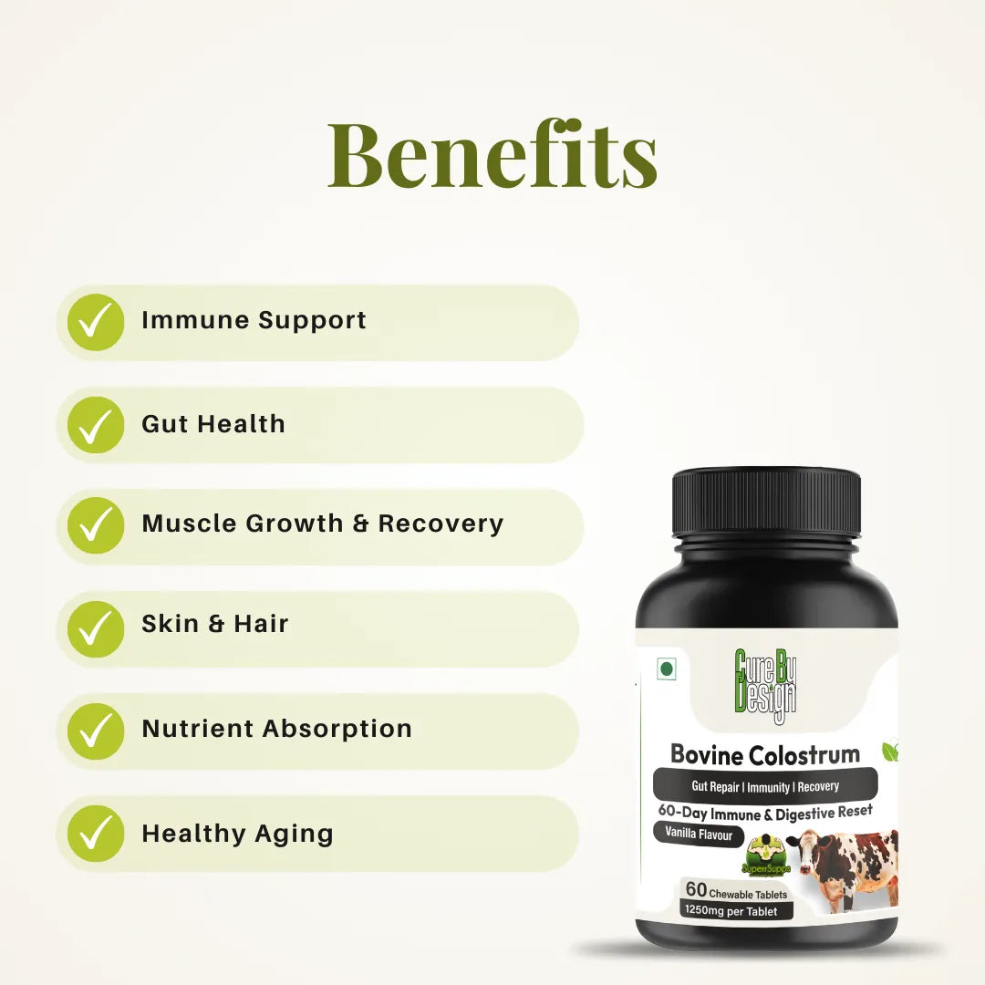 Bottle of Bovine Colostrum with listed benefits on a white background