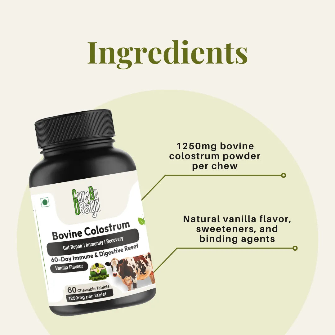 Bottle of Bovine Colostrum with ingredients listed on a beige background