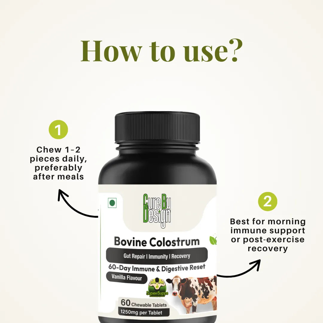 Bottle of Bovine Colostrum with usage instructions on a white background