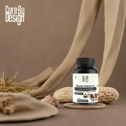 Bottle of Bovine Colostrum supplement with a blurred background featuring legs and natural elements.