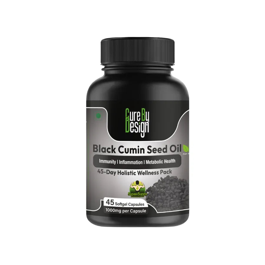 Black Cumin Seed Oil supplement bottle with 'Cure by Design' label on a white background