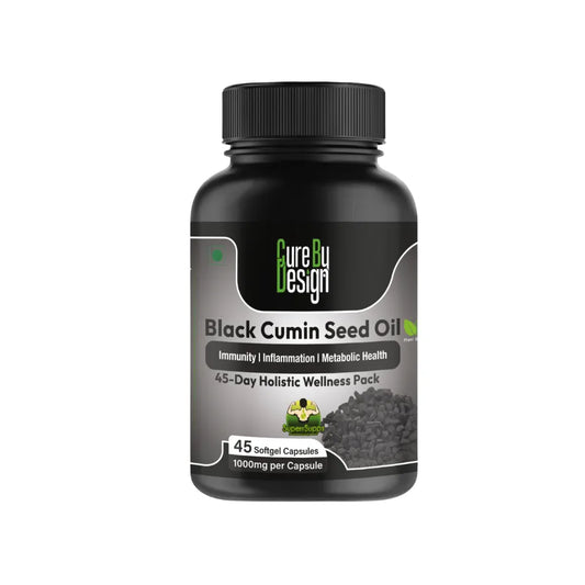 Black Cumin Seed Oil supplement bottle with 'Cure by Design' label on a white background