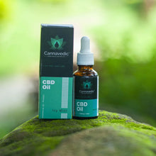 Load image into Gallery viewer, A bottle of Cannavedic CBD oil with its packaging box on a mossy rock with a green background.
