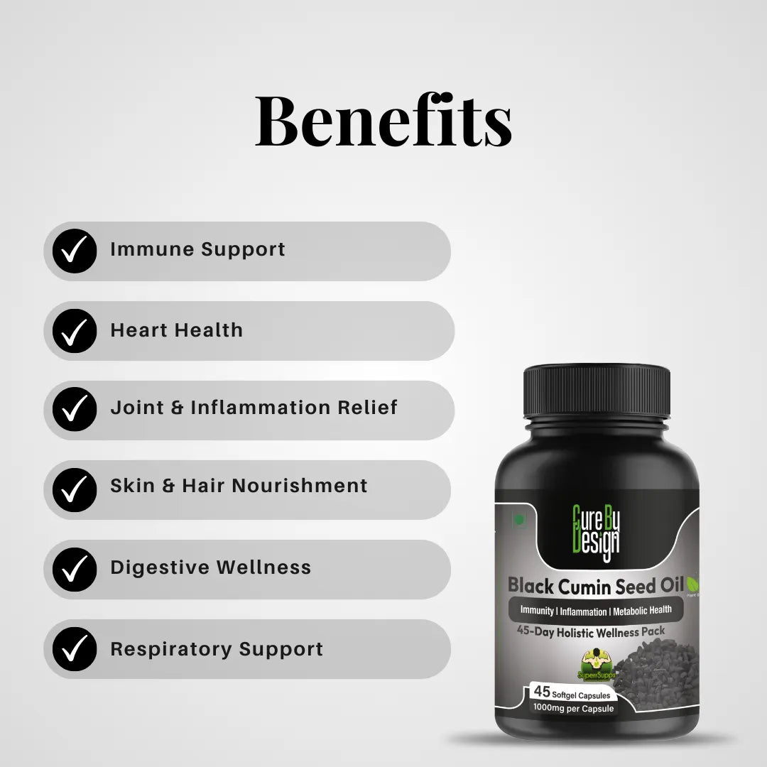 Black cumin seed oil supplement bottle with listed benefits on a gray background