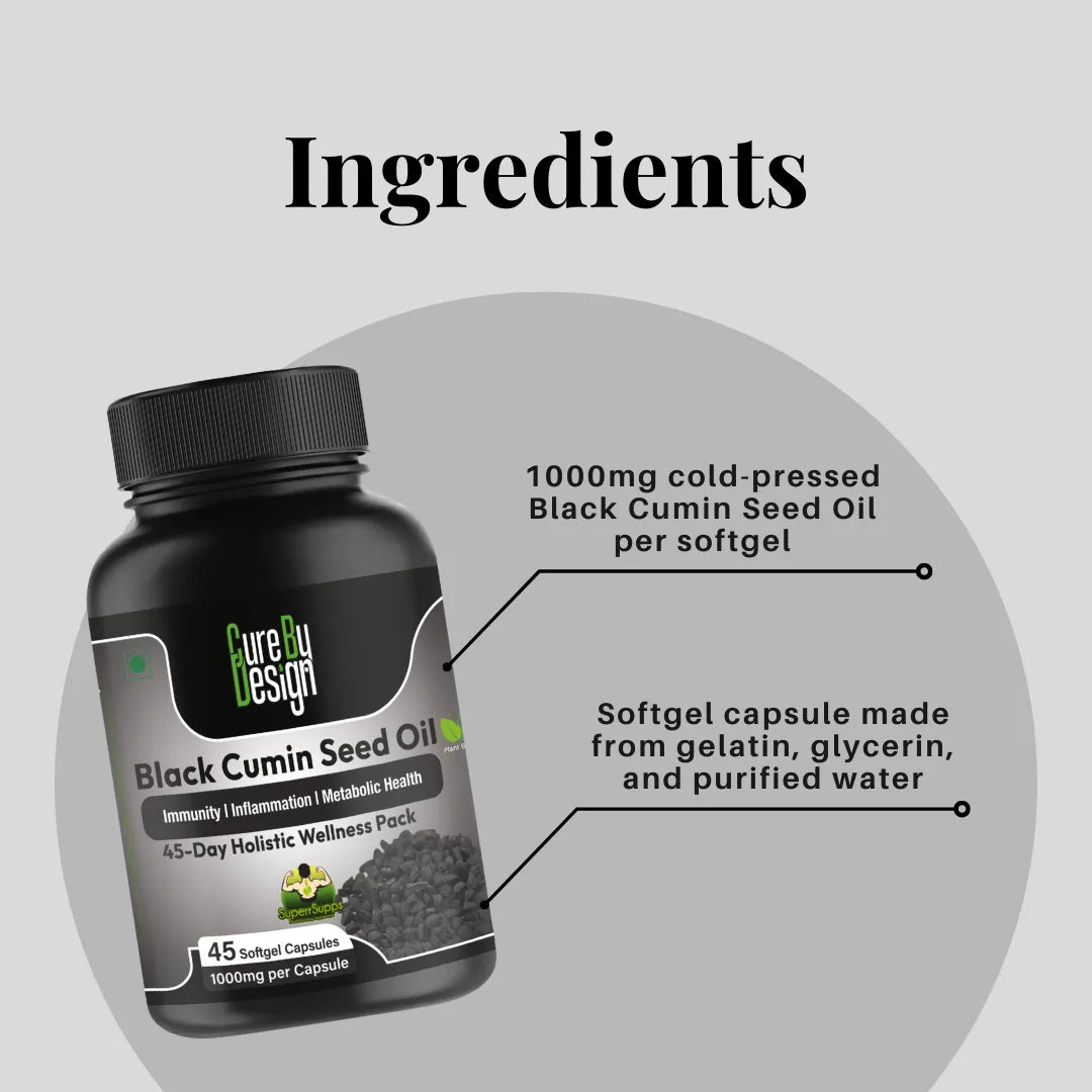 Black cumin seed oil supplement bottle with ingredient information on a gray background