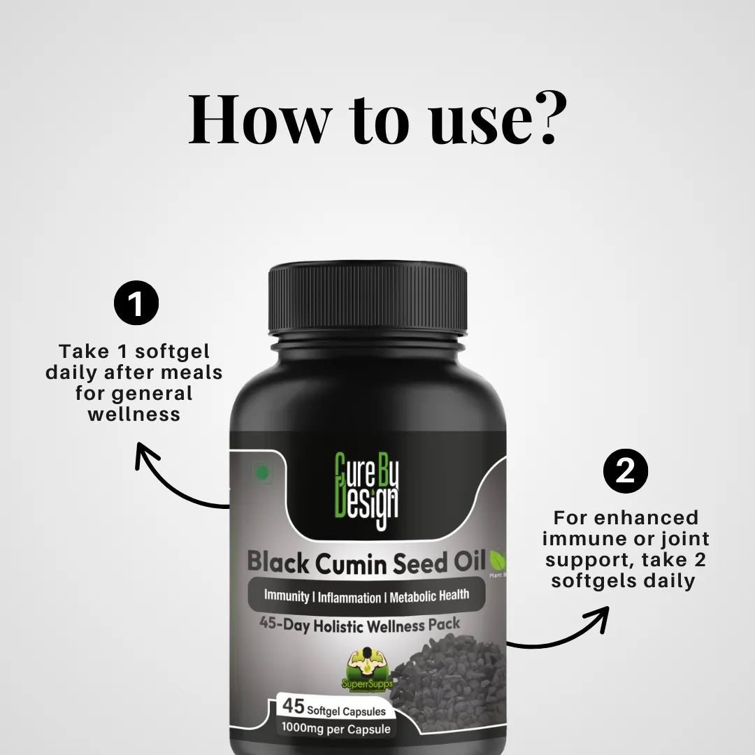 Black cumin seed oil supplement bottle with usage instructions on a white background