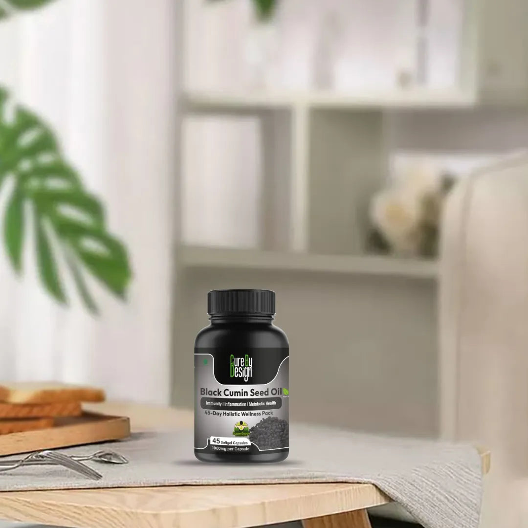 Black cumin seed oil bottle on a table with a blurred background