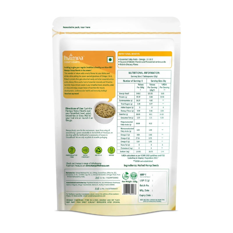 Hampa hemp seeds package with nutritional information on a white background