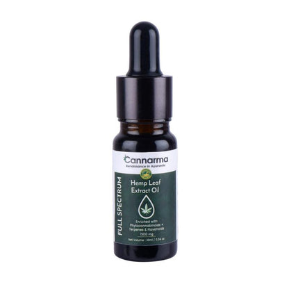 A small brown bottle with a black dropper cap labeled "Cannarma Full Spectrum Hemp Leaf Extract Oil." The label mentions it is enriched with Phytocannabinoids, Terpenes, and Flavonoids, 1500 mg. Embrace the natural wellness and healing power of hemp. The bottle is placed against a white background.