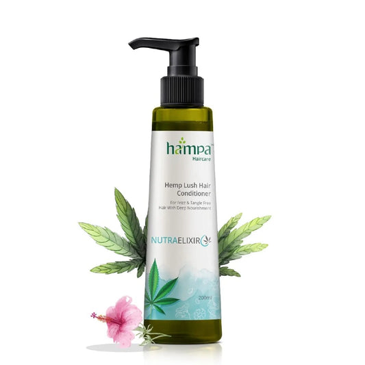 Hampa Hemp Lush Hair Conditioner bottle with leaves and a flower on a white background