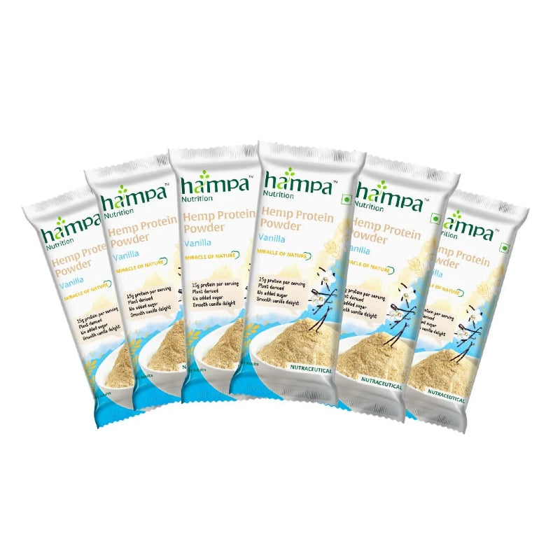 Five packages of Hampa Hemp Protein Powder on a white background