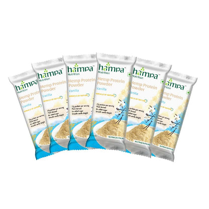 Five packages of Hampa Hemp Protein Powder on a white background