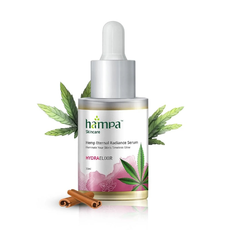 Hampa Skincare Hemp Eternal Radiance Serum bottle with cannabis leaves and cinnamon sticks on a white background