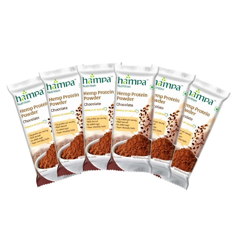 Packets of Hampa Hemp Protein Powder Chocolate flavor on a white background