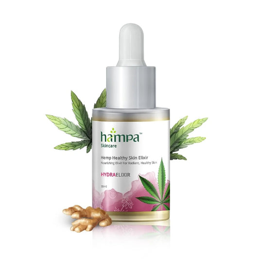Hampa Hemp skincare dropper bottle with cannabis leaves and roots on a white background