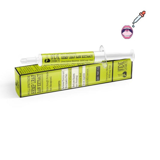  Syringe with medical cannabis extract on top of a matching box, with a graphic for oral use.