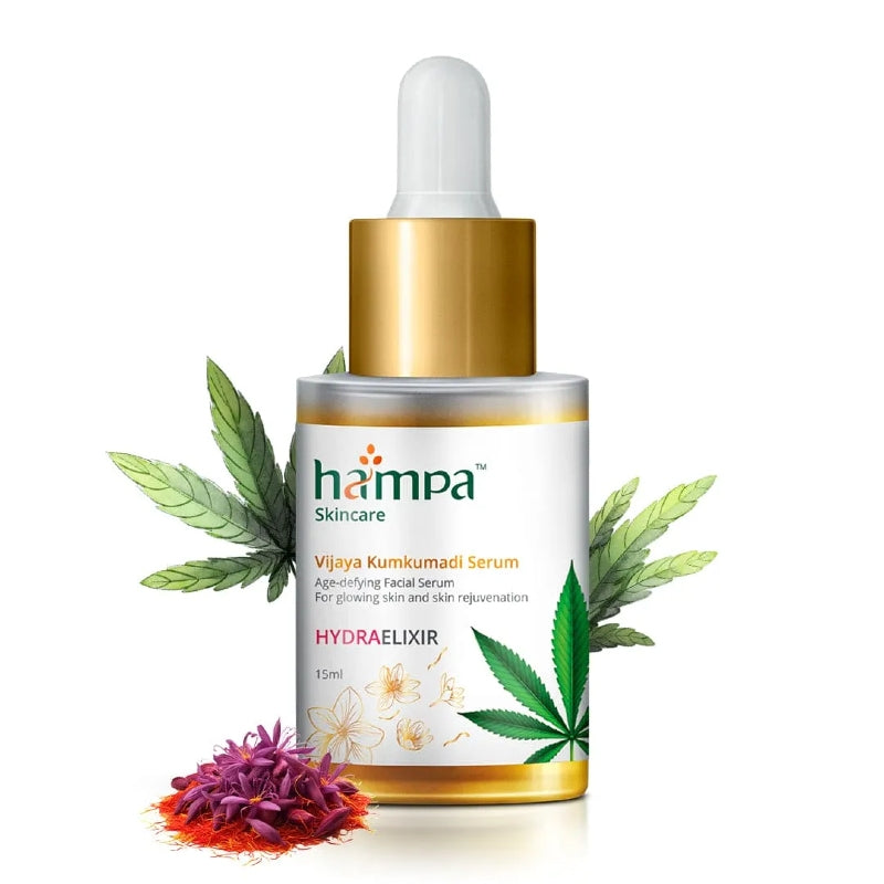 Hampa Hemp skincare serum bottle with leaves and flowers on a white background