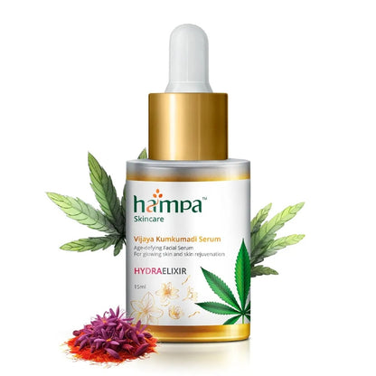 Hampa Hemp skincare serum bottle with leaves and flowers on a white background
