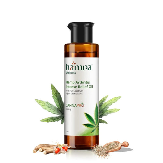 Hampa Hemp Arthritis Intense Relief Oil bottle with cannabis leaves on a white background