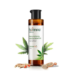 Hampa Hemp Arthritis Intense Relief Oil bottle with cannabis leaves on a white background