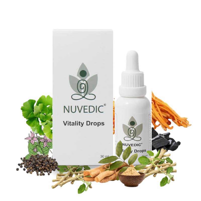 NUVEDIC CBD Vitality Drops with surrounding herbs and roots.


