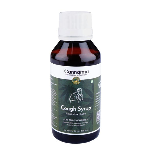 Cannarma cough syrup bottle with a white cap and green label.