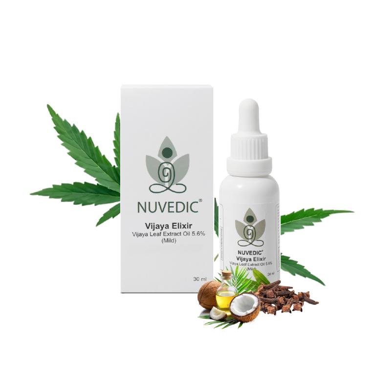 A bottle and box of Nuvedic Vijaya Elixir CBD oil with hemp leaves, coconut, cloves, and oil.

