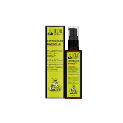 Packaging and bottle of Indie Extracts Beyond Relief Massage Oil.